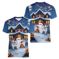 Halloween Christmas Women V-Neck T-Shirt Funny Ghost Santa Christmas