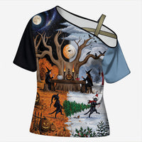 Halloween transitions into Christmas Cross Shoulder Shirt Witches And Black Cat