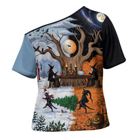 Halloween transitions into Christmas Cross Shoulder Shirt Witches And Black Cat
