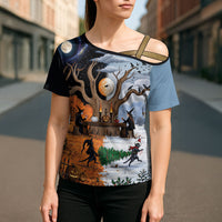 Halloween transitions into Christmas Cross Shoulder Shirt Witches And Black Cat