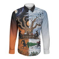 Halloween transitions into Christmas Long Sleeve Button Shirt Witches And Black Cat
