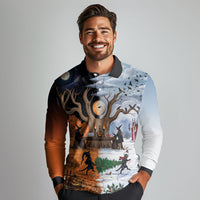 Halloween transitions into Christmas Long Sleeve Polo Shirt Witches And Black Cat