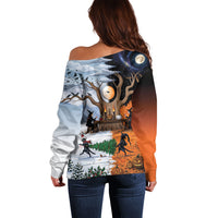 Halloween transitions into Christmas Off Shoulder Sweater Witches And Black Cat