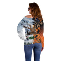 Halloween transitions into Christmas Off Shoulder Sweater Witches And Black Cat