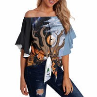 Halloween transitions into Christmas Off Shoulder Wrap Waist Top Witches And Black Cat