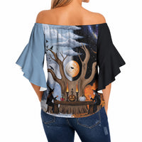 Halloween transitions into Christmas Off Shoulder Wrap Waist Top Witches And Black Cat