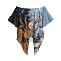 Halloween transitions into Christmas Off Shoulder Wrap Waist Top Witches And Black Cat