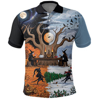 Halloween transitions into Christmas Polo Shirt Witches And Black Cat