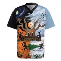 Halloween transitions into Christmas Rugby Jersey Witches And Black Cat