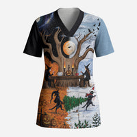 Halloween transitions into Christmas Scrub Top Witches And Black Cat