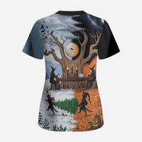 Halloween transitions into Christmas Scrub Top Witches And Black Cat