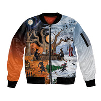 Halloween transitions into Christmas Sleeve Zip Bomber Jacket Witches And Black Cat