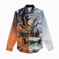 Halloween transitions into Christmas Women Casual Shirt Witches And Black Cat