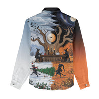 Halloween transitions into Christmas Women Casual Shirt Witches And Black Cat