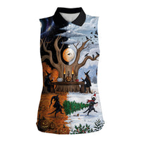 Halloween transitions into Christmas Women Sleeveless Polo Shirt Witches And Black Cat