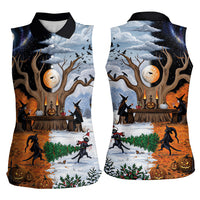 Halloween transitions into Christmas Women Sleeveless Polo Shirt Witches And Black Cat