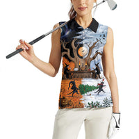 Halloween transitions into Christmas Women Sleeveless Polo Shirt Witches And Black Cat