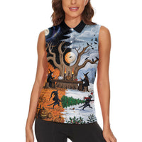 Halloween transitions into Christmas Women Sleeveless Polo Shirt Witches And Black Cat