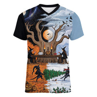 Halloween transitions into Christmas Women V-Neck T-Shirt Witches And Black Cat