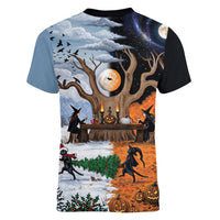 Halloween transitions into Christmas Women V-Neck T-Shirt Witches And Black Cat