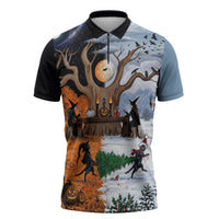 Halloween transitions into Christmas Zipper Polo Shirt Witches And Black Cat