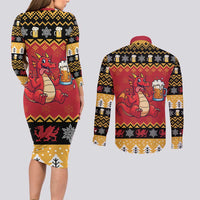 Carmarthenshire Wales Christmas Couples Matching Long Sleeve Bodycon Dress and Long Sleeve Button Shirt Funny Welsh Red Dragon Beer Xmas - Wonder Print Shop