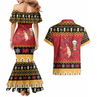 Carmarthenshire Wales Christmas Couples Matching Mermaid Dress and Hawaiian Shirt Funny Welsh Red Dragon Beer Xmas - Wonder Print Shop