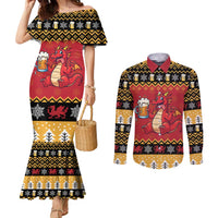 Carmarthenshire Wales Christmas Couples Matching Mermaid Dress and Long Sleeve Button Shirt Funny Welsh Red Dragon Beer Xmas - Wonder Print Shop