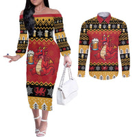 Carmarthenshire Wales Christmas Couples Matching Off The Shoulder Long Sleeve Dress and Long Sleeve Button Shirt Funny Welsh Red Dragon Beer Xmas - Wonder Print Shop