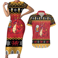 Carmarthenshire Wales Christmas Couples Matching Short Sleeve Bodycon Dress and Hawaiian Shirt Funny Welsh Red Dragon Beer Xmas - Wonder Print Shop