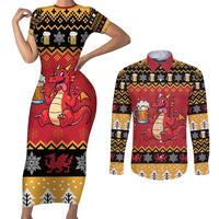 Carmarthenshire Wales Christmas Couples Matching Short Sleeve Bodycon Dress and Long Sleeve Button Shirt Funny Welsh Red Dragon Beer Xmas - Wonder Print Shop