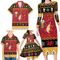 Carmarthenshire Wales Christmas Family Matching Long Sleeve Bodycon Dress and Hawaiian Shirt Funny Welsh Red Dragon Beer Xmas - Wonder Print Shop