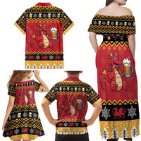 Carmarthenshire Wales Christmas Family Matching Off Shoulder Maxi Dress and Hawaiian Shirt Funny Welsh Red Dragon Beer Xmas - Wonder Print Shop