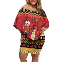 Carmarthenshire Wales Christmas Family Matching Off Shoulder Short Dress and Hawaiian Shirt Funny Welsh Red Dragon Beer Xmas - Wonder Print Shop