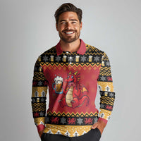 Carmarthenshire Wales Christmas Long Sleeve Polo Shirt Funny Welsh Red Dragon Beer Xmas - Wonder Print Shop