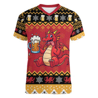 Carmarthenshire Wales Christmas Women V-Neck T-Shirt Funny Welsh Red Dragon Beer Xmas - Wonder Print Shop