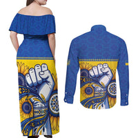 Ukraine Sunflowers Hand Couples Matching Off Shoulder Maxi Dress and Long Sleeve Button Shirt with Ukrainian Folk Pattern - Wonder Print Shop