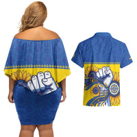 Ukraine Sunflowers Hand Couples Matching Off Shoulder Short Dress and Hawaiian Shirt with Ukrainian Folk Pattern - Wonder Print Shop