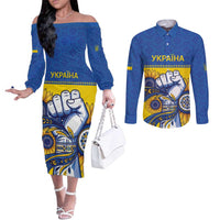 Ukraine Sunflowers Hand Couples Matching Off The Shoulder Long Sleeve Dress and Long Sleeve Button Shirt with Ukrainian Folk Pattern - Wonder Print Shop