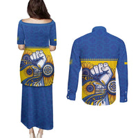 Ukraine Sunflowers Hand Couples Matching Puletasi and Long Sleeve Button Shirt with Ukrainian Folk Pattern - Wonder Print Shop