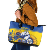 Ukraine Sunflowers Hand Leather Tote Bag with Ukrainian Folk Pattern - Wonder Print Shop