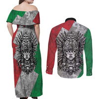 Mexico Aztec Warrior Goddess Couples Matching Off Shoulder Maxi Dress and Long Sleeve Button Shirt Aztec Tribal Skull Tricolor Armor