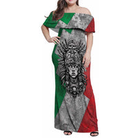 Mexico Aztec Warrior Goddess Family Matching Off Shoulder Maxi Dress and Hawaiian Shirt Aztec Tribal Skull Tricolor Armor