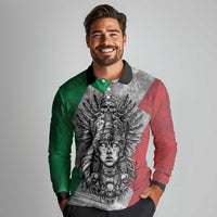 Mexico Aztec Warrior Goddess Long Sleeve Polo Shirt Aztec Tribal Skull Tricolor Armor