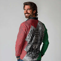Mexico Aztec Warrior Goddess Long Sleeve Polo Shirt Aztec Tribal Skull Tricolor Armor