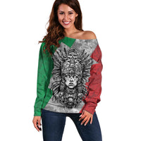 Mexico Aztec Warrior Goddess Off Shoulder Sweater Aztec Tribal Skull Tricolor Armor