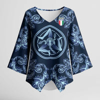 Custom Italy Football 2026 Kimono Sleeve Blouse Italian Trinacria Blue Baroque Design