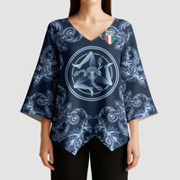 Custom Italy Football 2026 Kimono Sleeve Blouse Italian Trinacria Blue Baroque Design