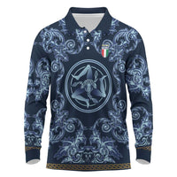 Custom Italy Football 2026 Long Sleeve Polo Shirt Italian Trinacria Blue Baroque Design