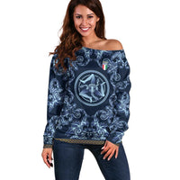 Custom Italy Football 2026 Off Shoulder Sweater Italian Trinacria Blue Baroque Design
